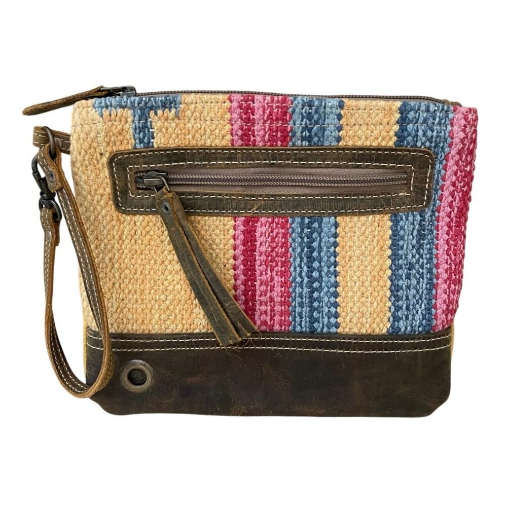 Myra Bag Midsummer Wristlet Pouch Upcycled Rug Cowhide Leather Southwestern Boho
